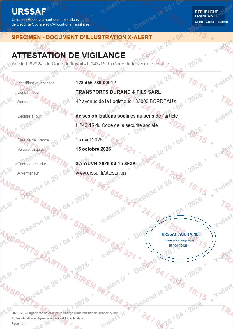 Exemple d'attestation URSSAF avec double filigrane X-ALERT